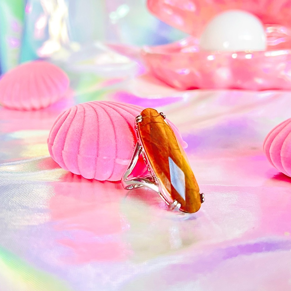 Long Oval Beveled Tigers Eye Statement Ring - image 5